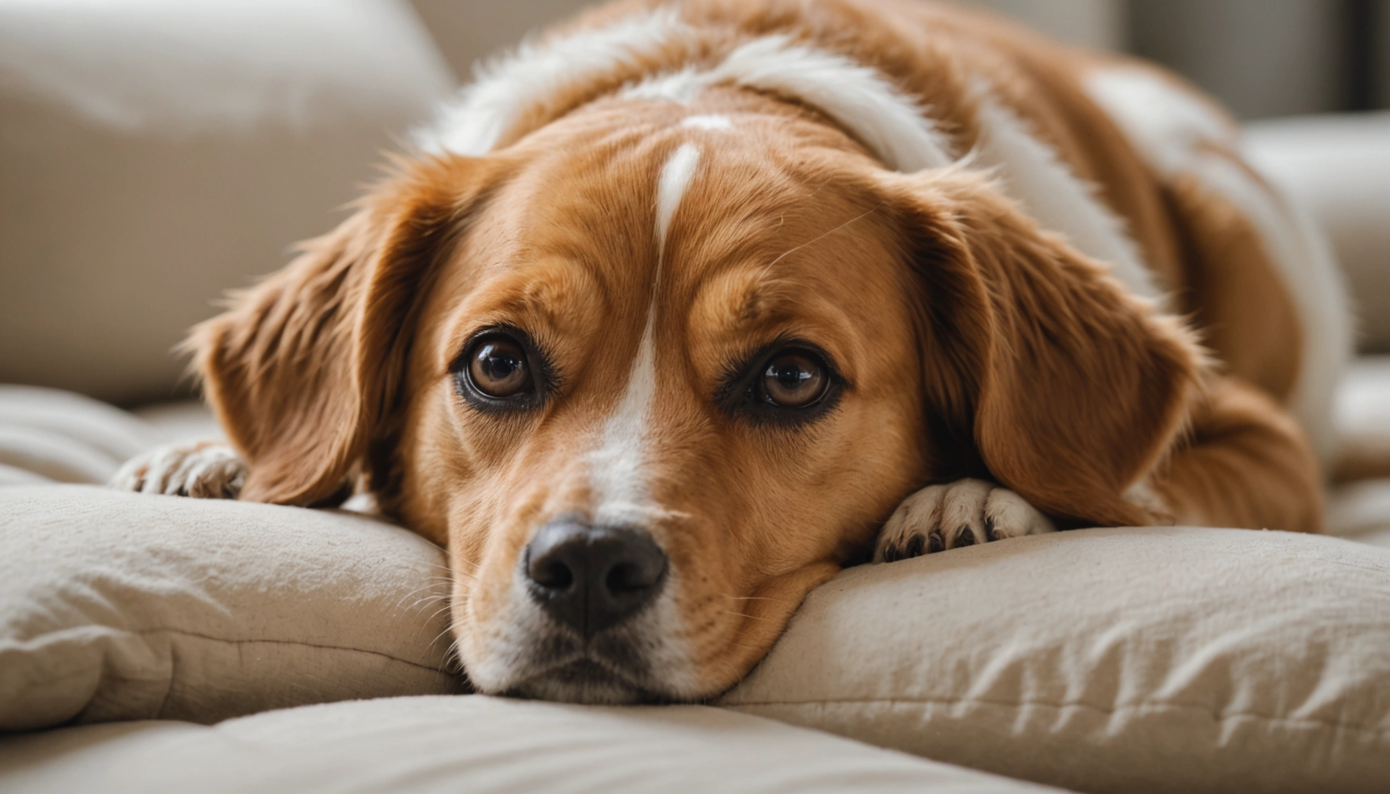 Close-up view of a dog lying on a soft pillow