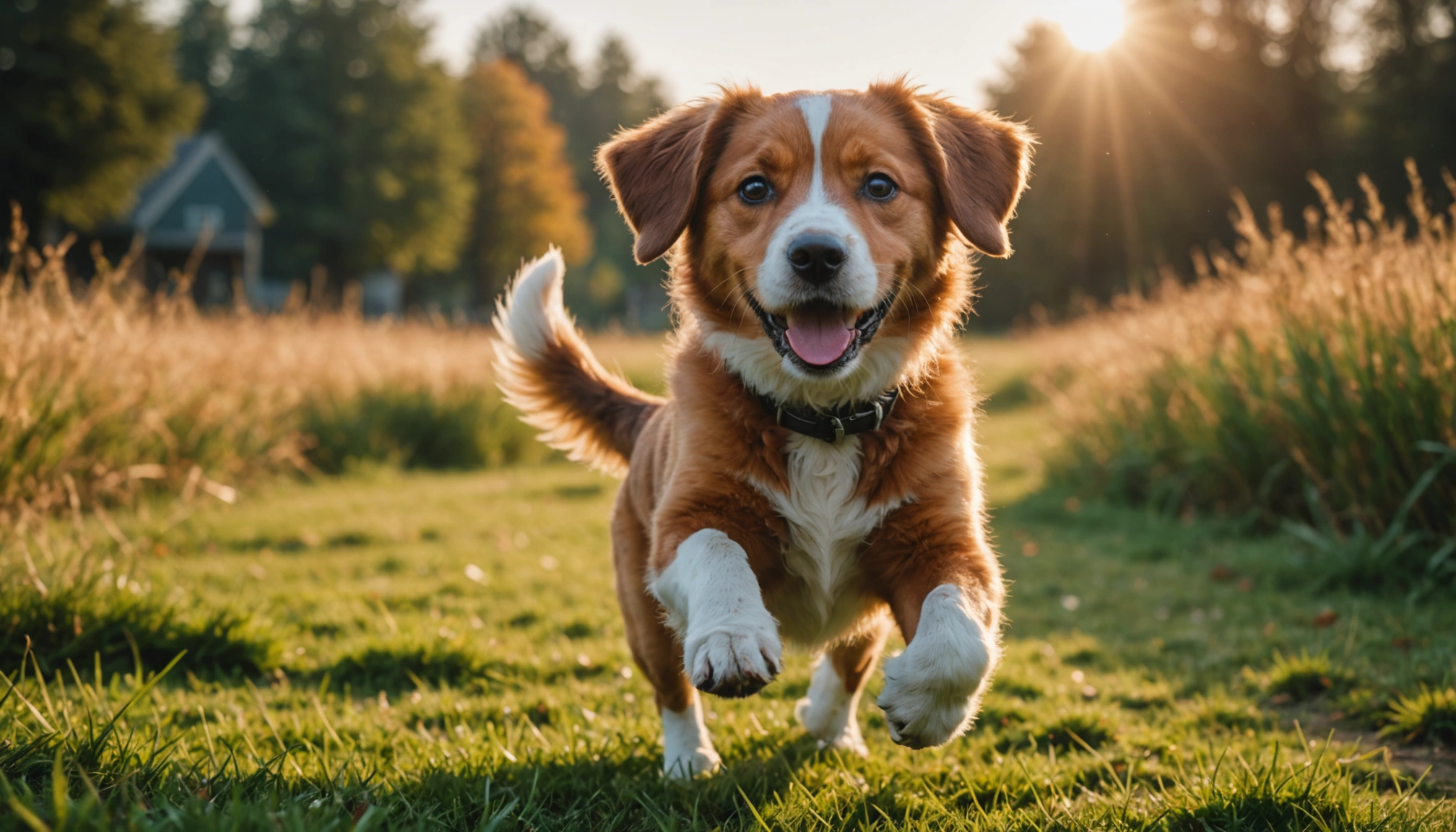 Eye-level view of a joyful dog with a wagging tail